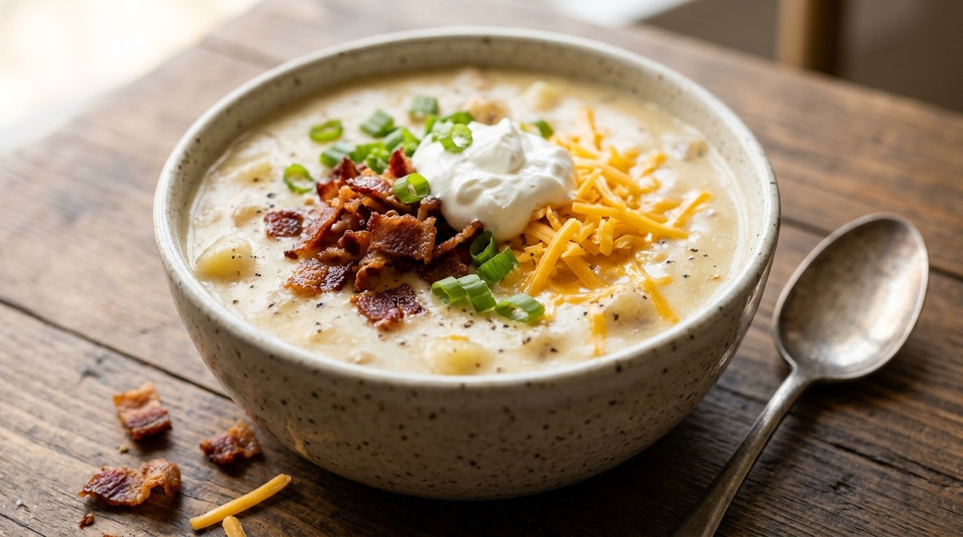 Copycat restaurant soups: loaded baked potato soup with bacon and cheddar