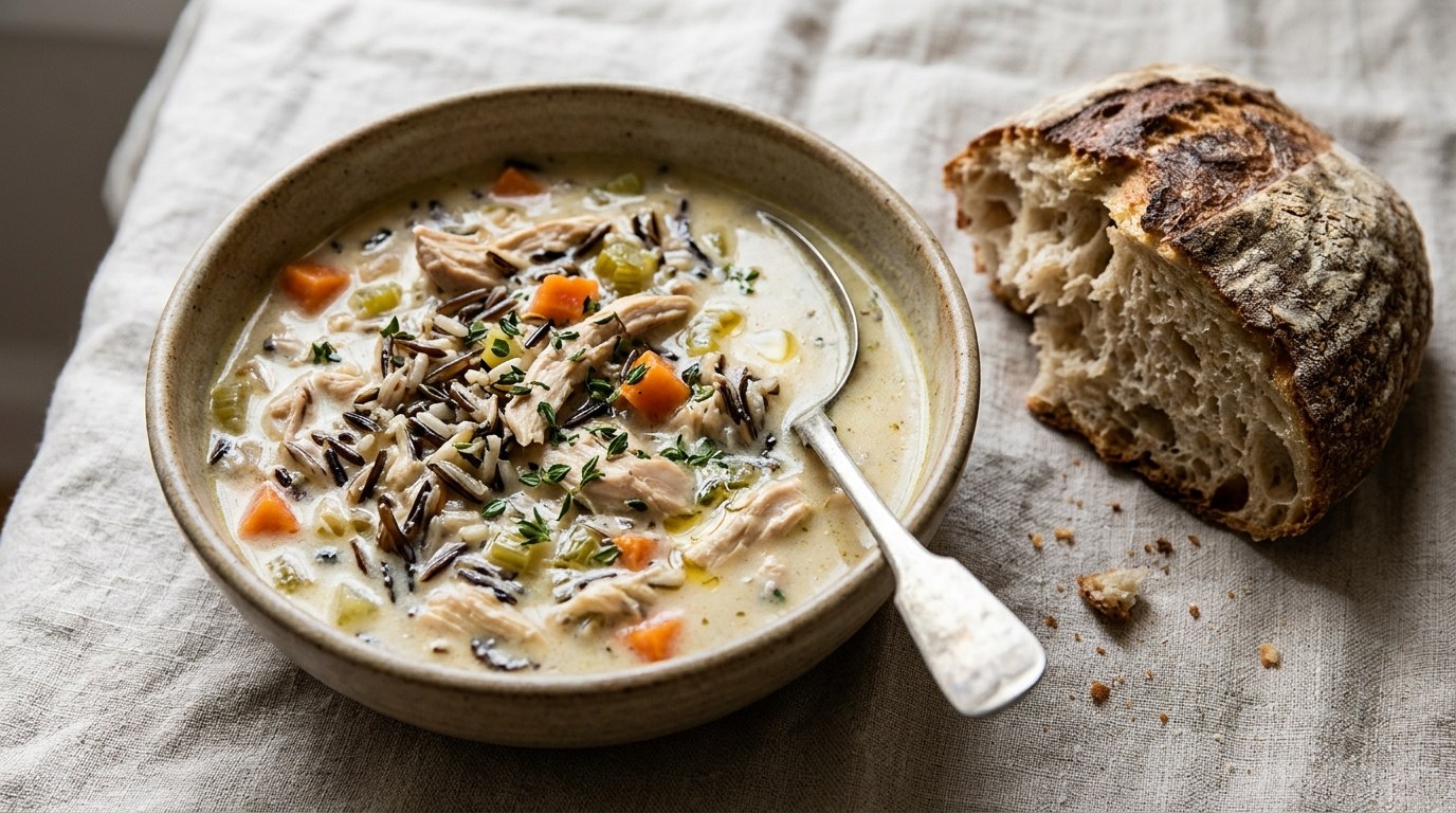 Creamy chicken and wild rice soup with crusty bread