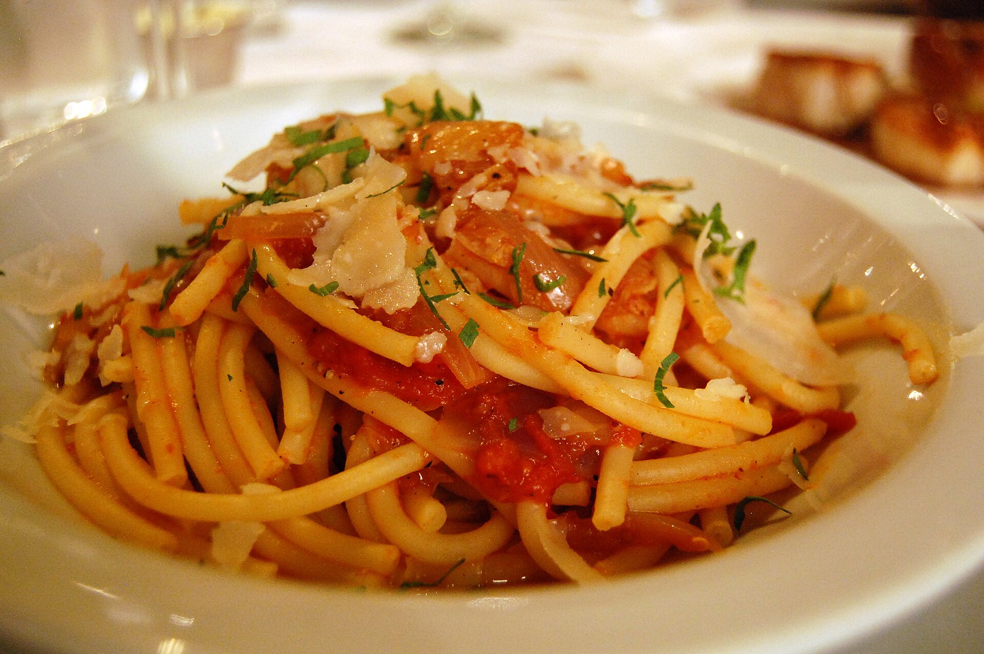 Bucatini all amatriciana in tomato sauce