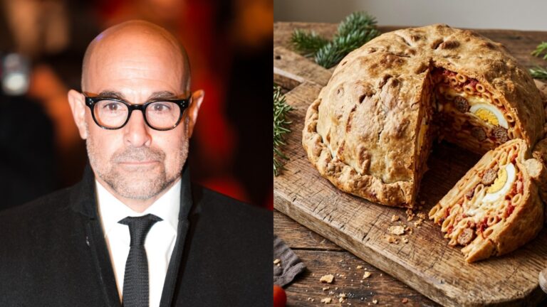 Stanley Tucci recipes: real photo of Stanley Tucci beside an AI image of a golden timpano pasta dome