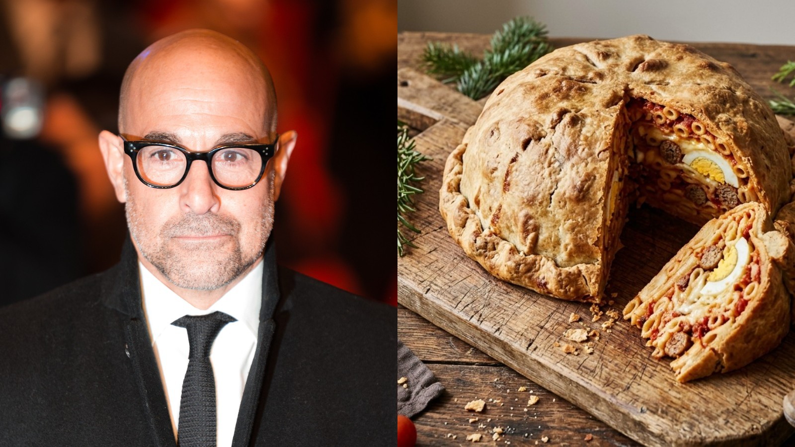 Stanley Tucci recipes: real photo of Stanley Tucci beside an AI image of a golden timpano pasta dome
