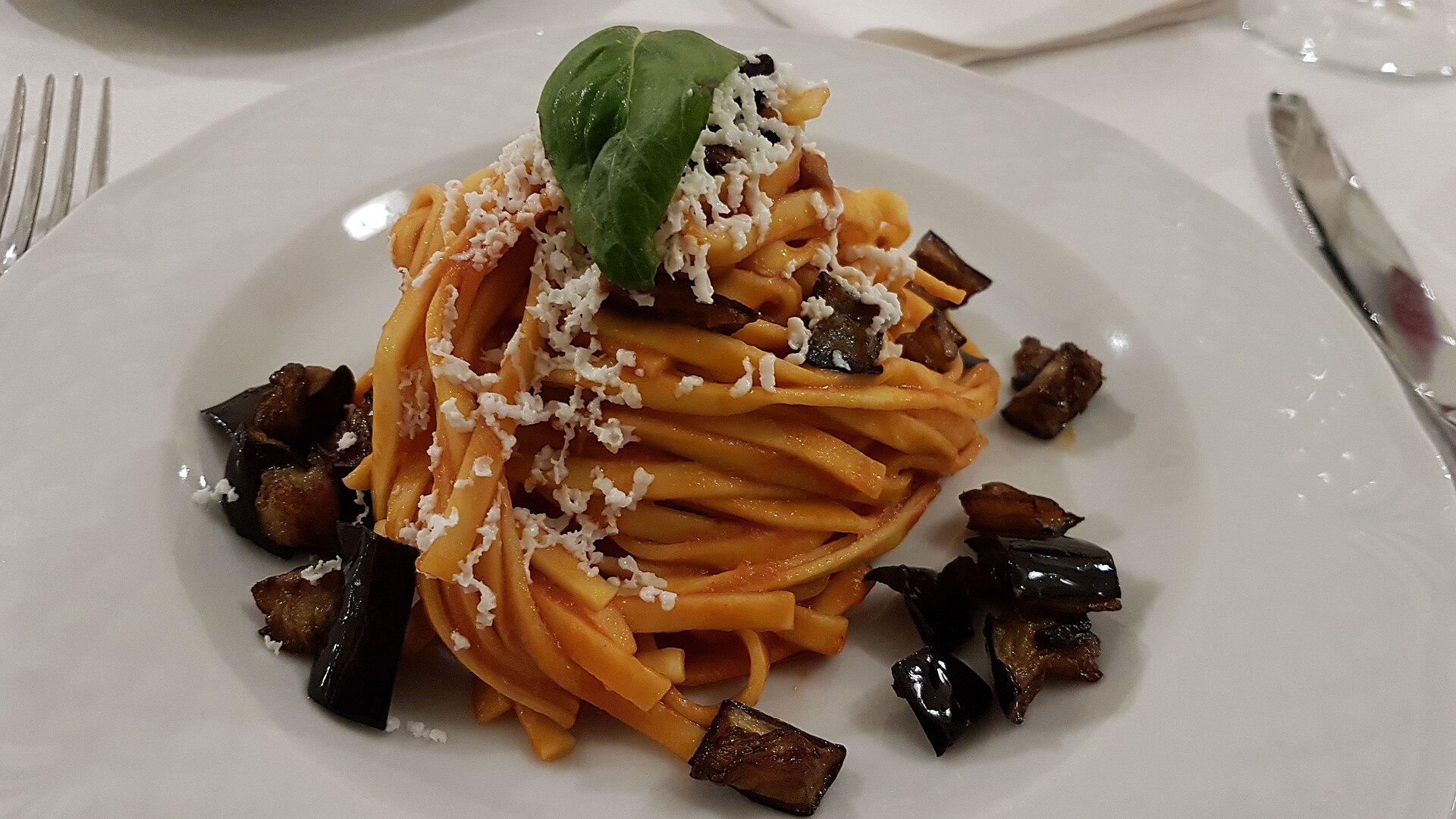 Pasta alla Norma with fried eggplant and ricotta salata