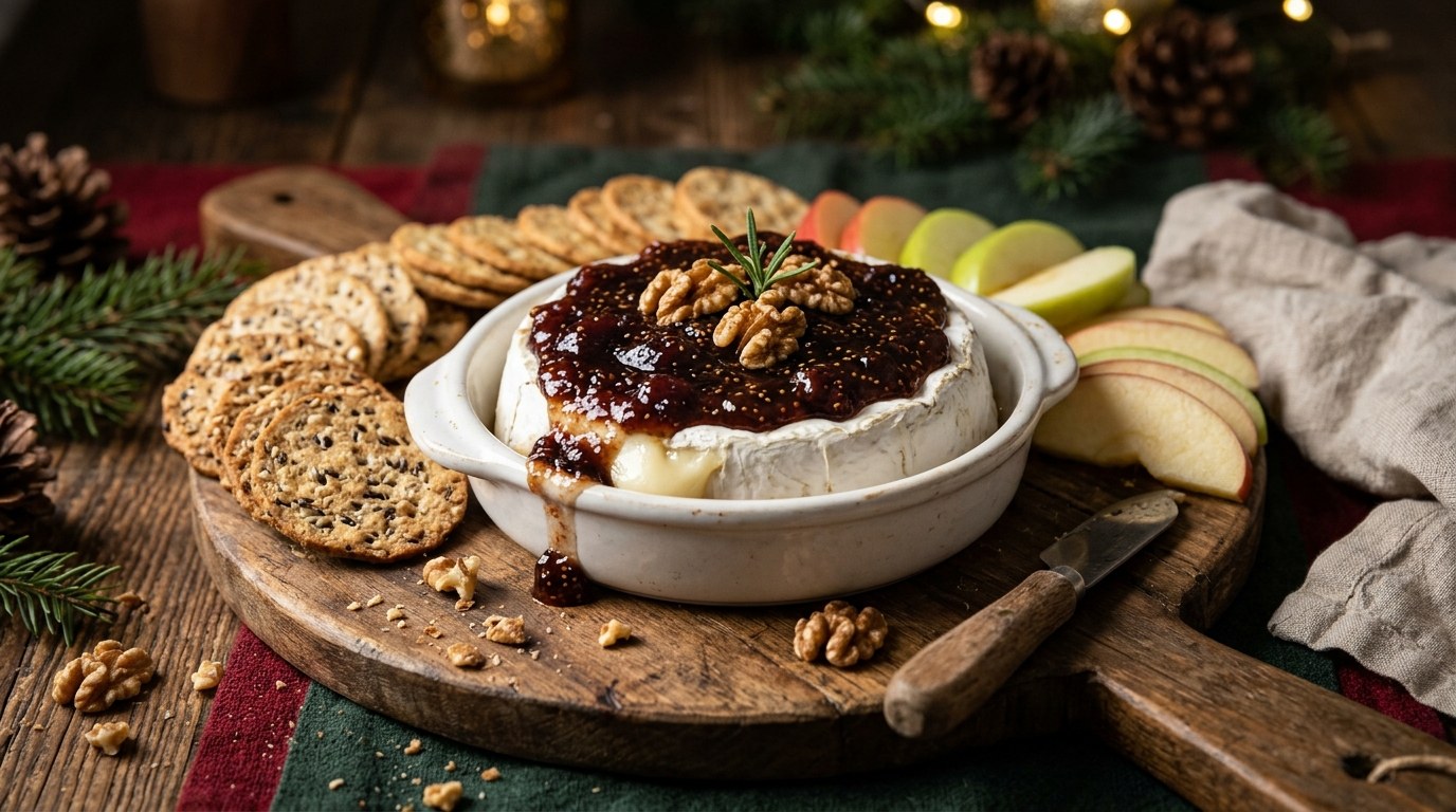 Two-ingredient recipes: baked brie topped with fig jam, with crackers