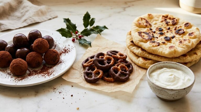 Two-ingredient recipes on a marble counter: chocolate truffles, chocolate dipped pretzels and soft flatbreads