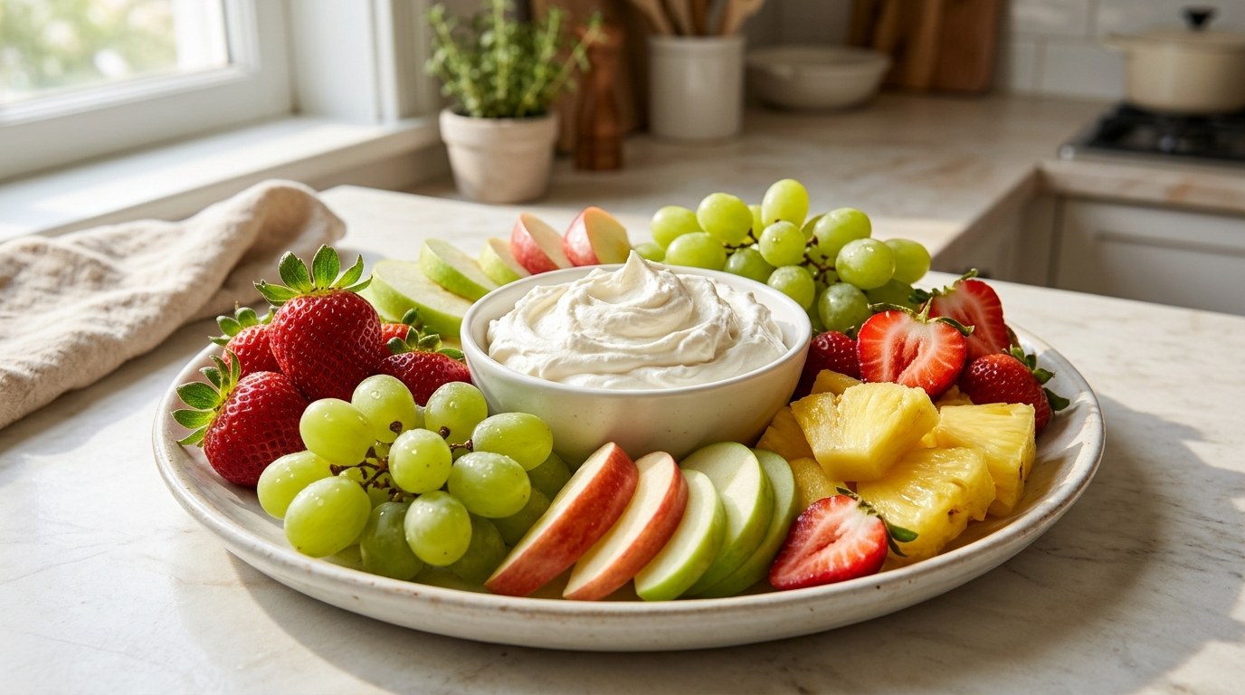 Fluffy cream cheese fruit dip with strawberries, grapes and pineapple