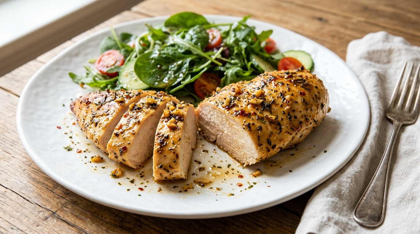 Sliced Italian dressing chicken with a green salad