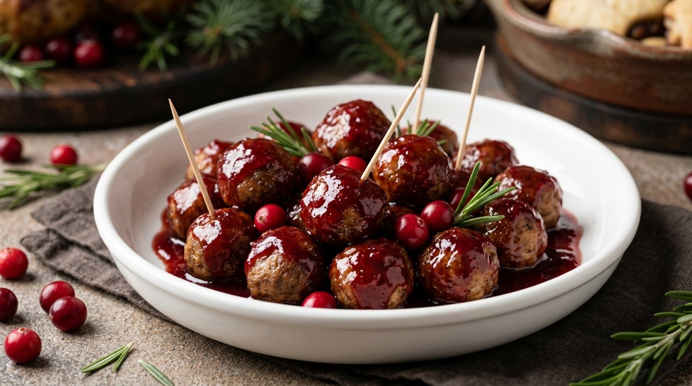 Cranberry sauce meatballs glazed and glossy in a white dish