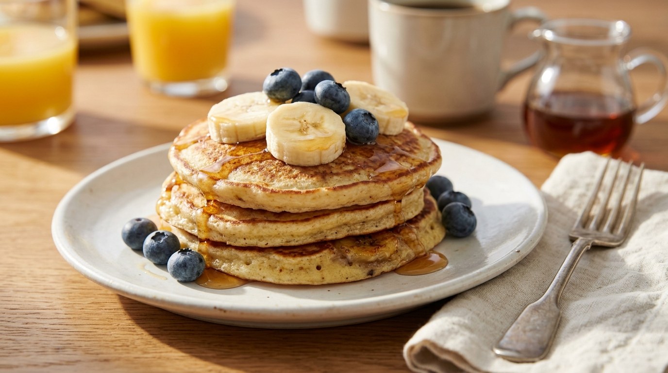 Banana and egg pancakes topped with banana slices and blueberries