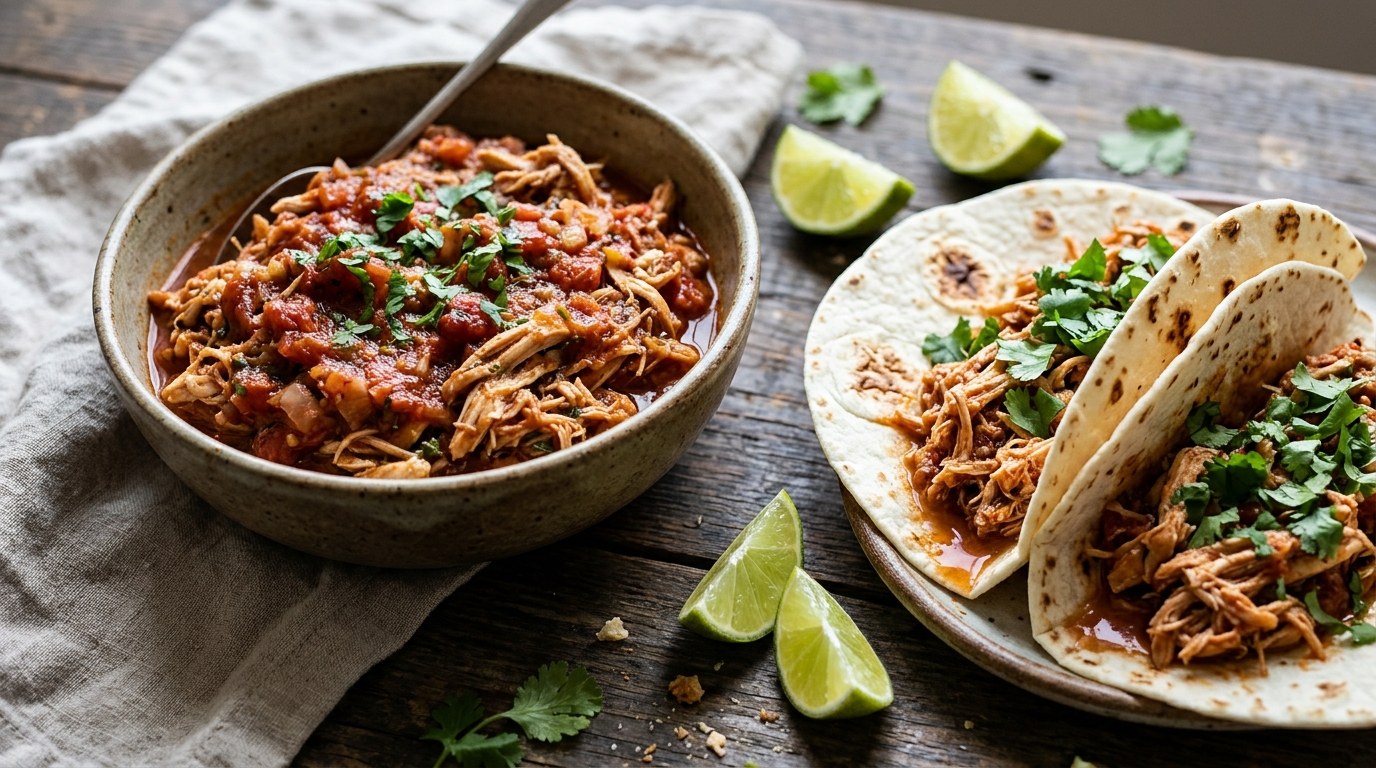 Two-ingredient recipes: slow cooker salsa chicken in a bowl with soft tacos