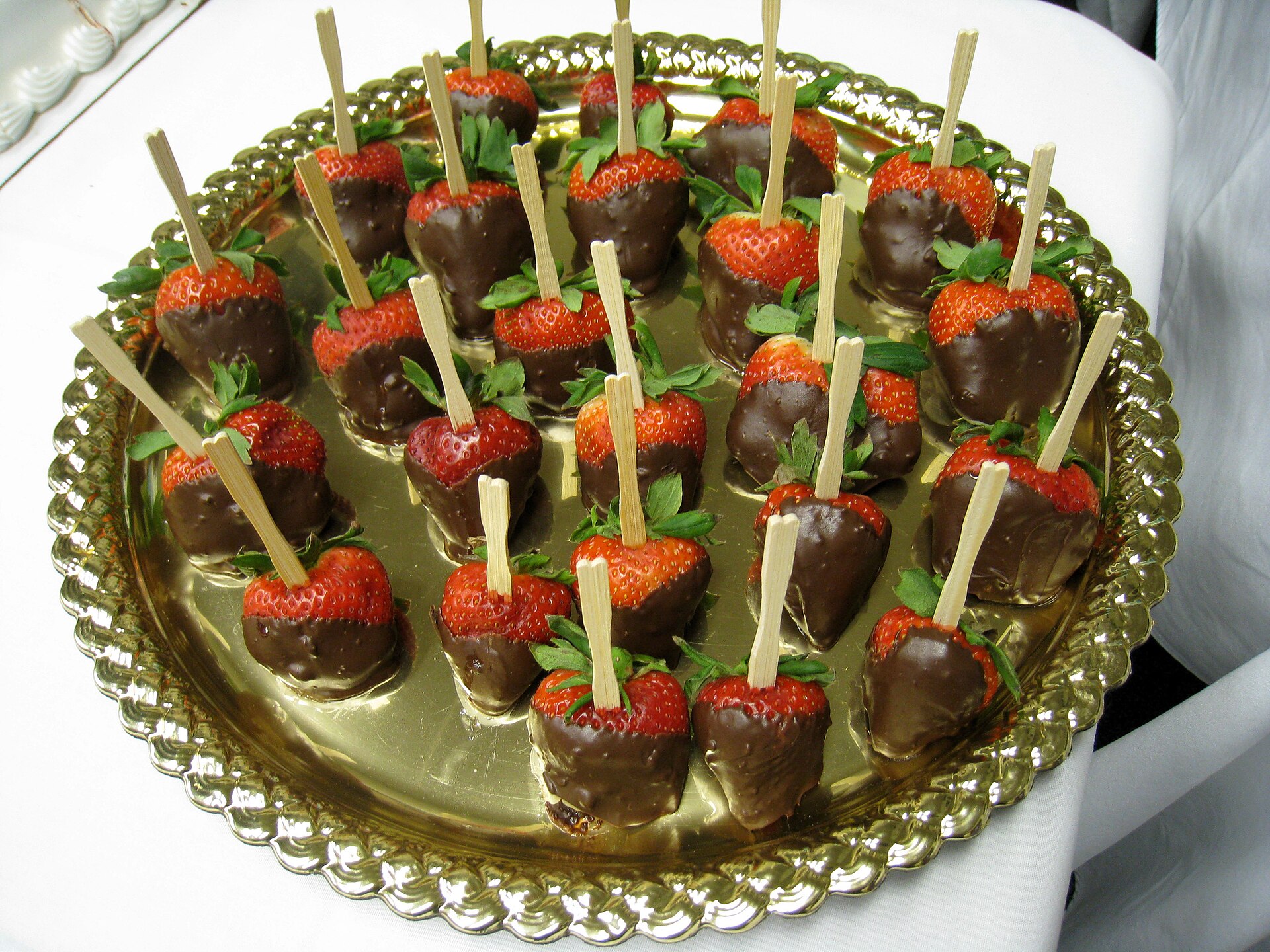 Chocolate covered strawberries on a platter