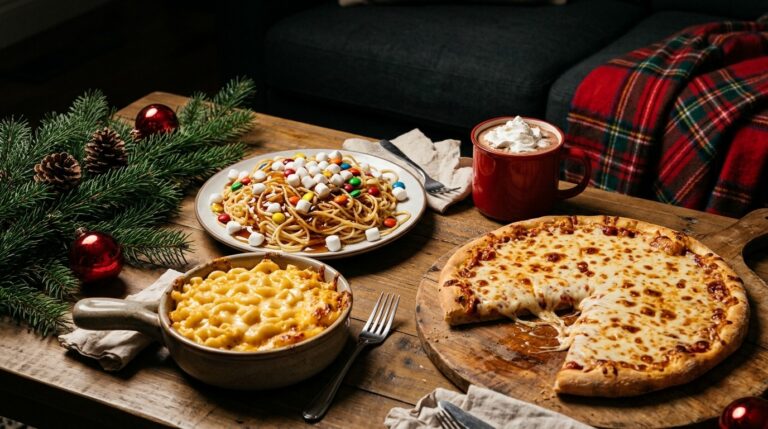 Cozy Christmas movie foods spread with mac and cheese, candy topped spaghetti, hot chocolate and cheese pizza on a coffee table
