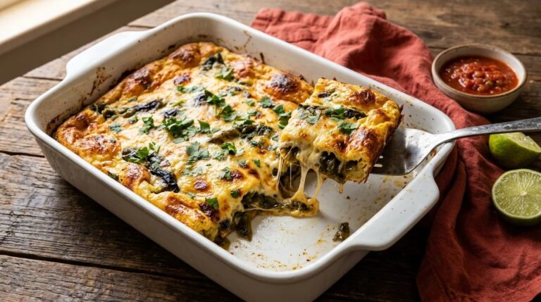 Chile relleno casserole in a white baking dish with a cheesy square lifted out