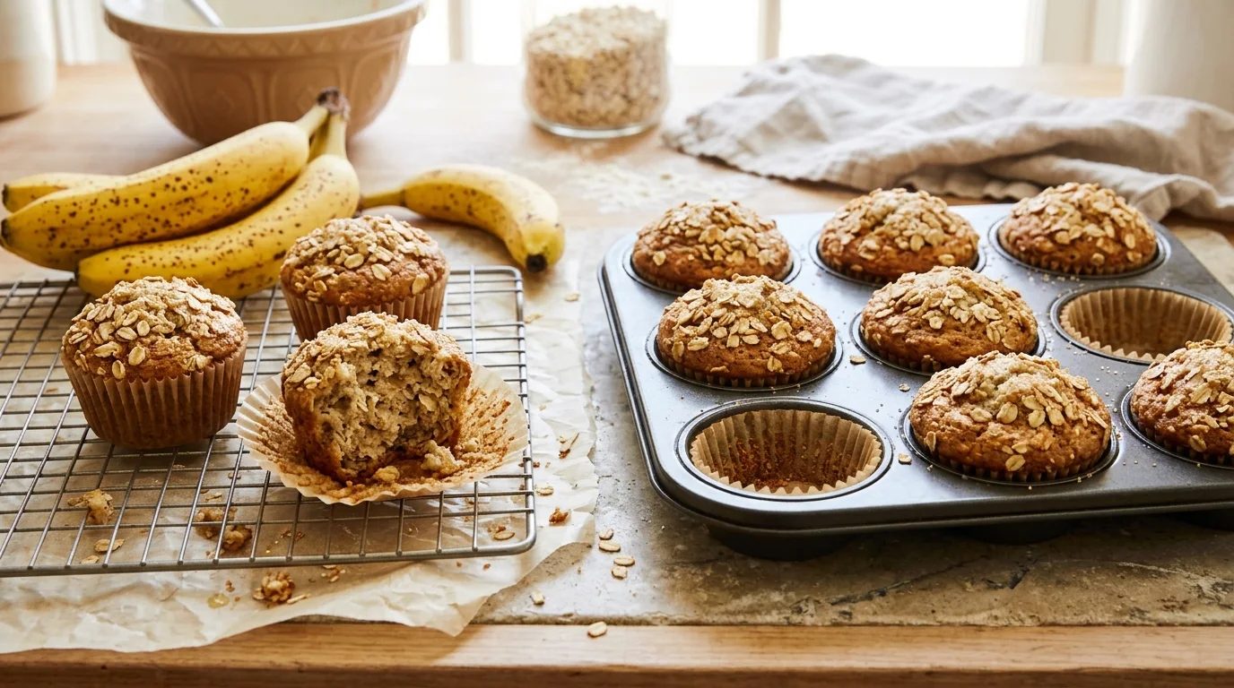 Homemade banana oat muffins in a muffin tin