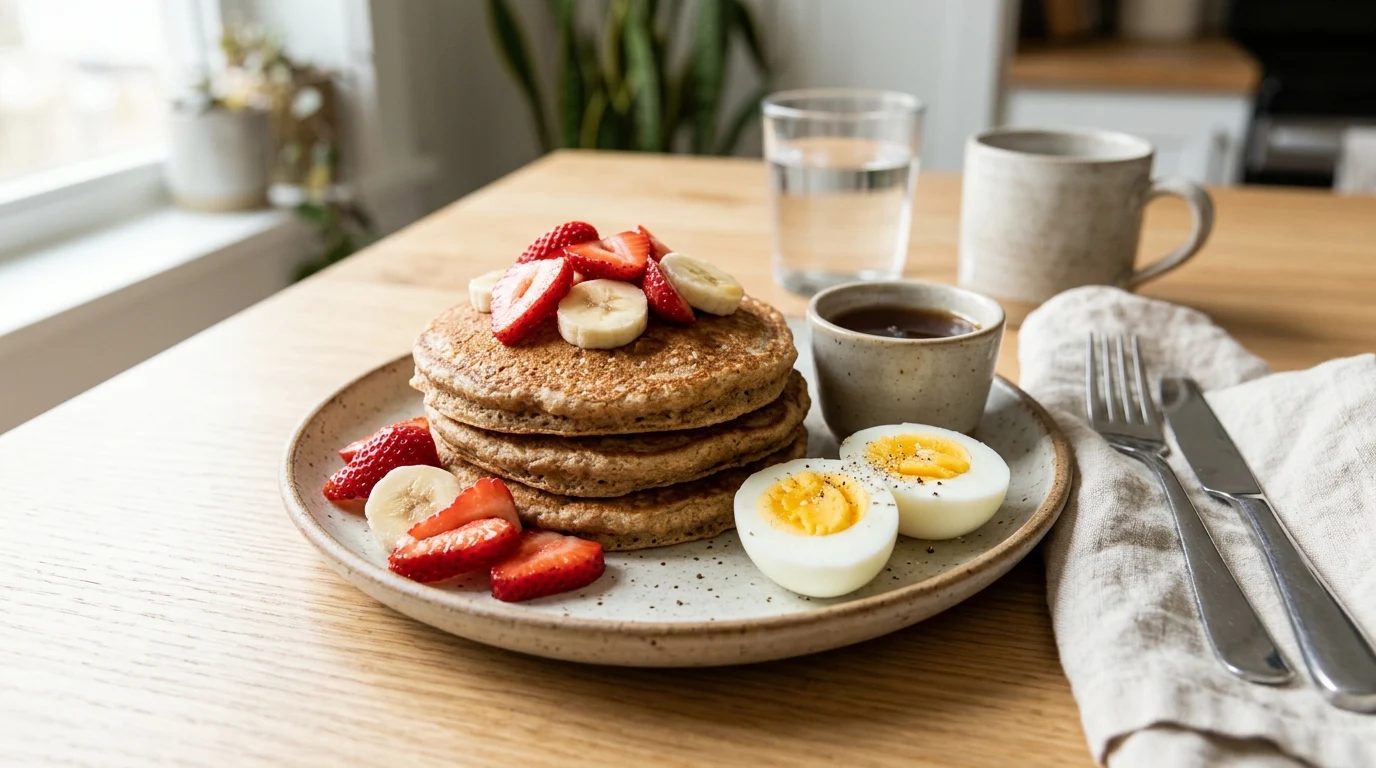 Whole wheat pancakes with fruit and a boiled egg for breakfast for lunch day