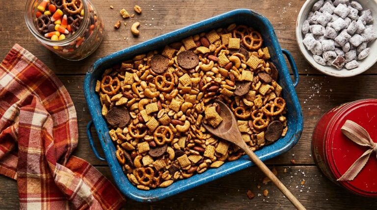 Roasting pan of homemade snack mix with Halloween and Christmas party mixes around it