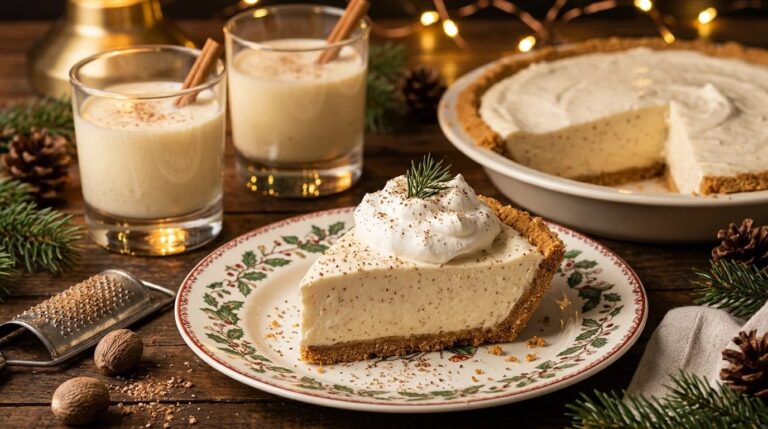 Slice of no bake eggnog pie with whipped cream and two glasses of eggnog, a family favorite among eggnog recipes