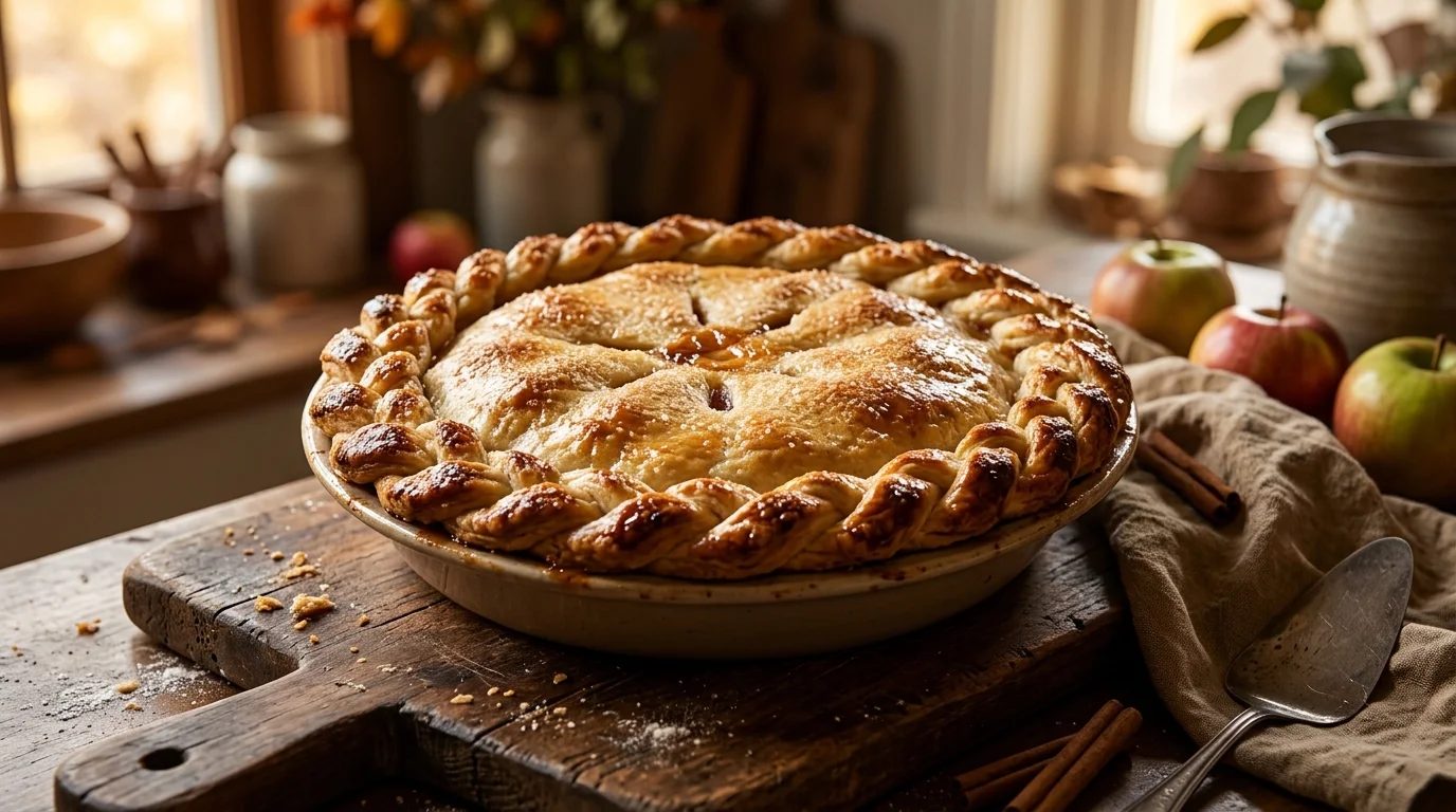 Apple pie with a braided pie crust design around the rim