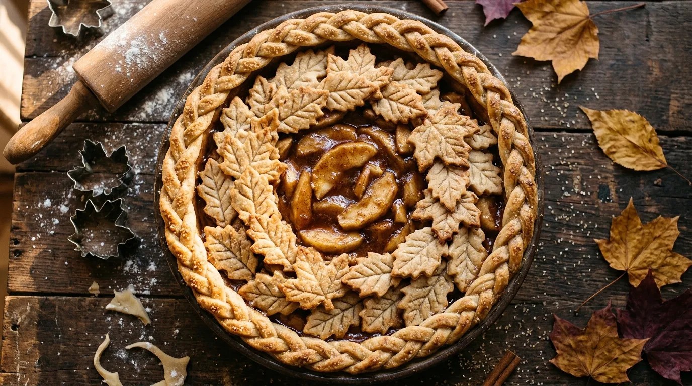 Thanksgiving apple pie with braided rim and pastry leaf wreath, one of the best pie crust designs
