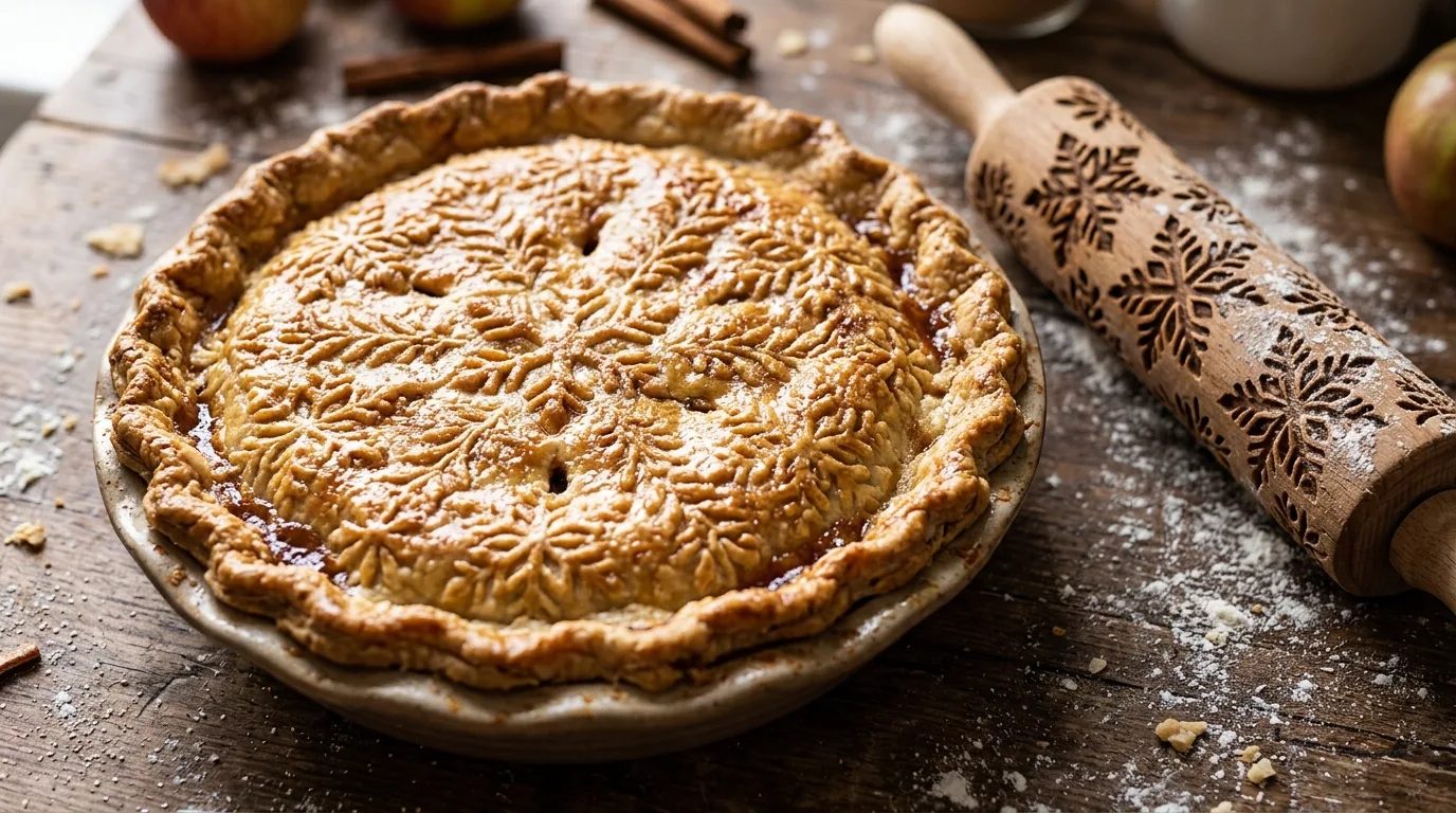 Apple pie with an embossed top crust from a patterned rolling pin