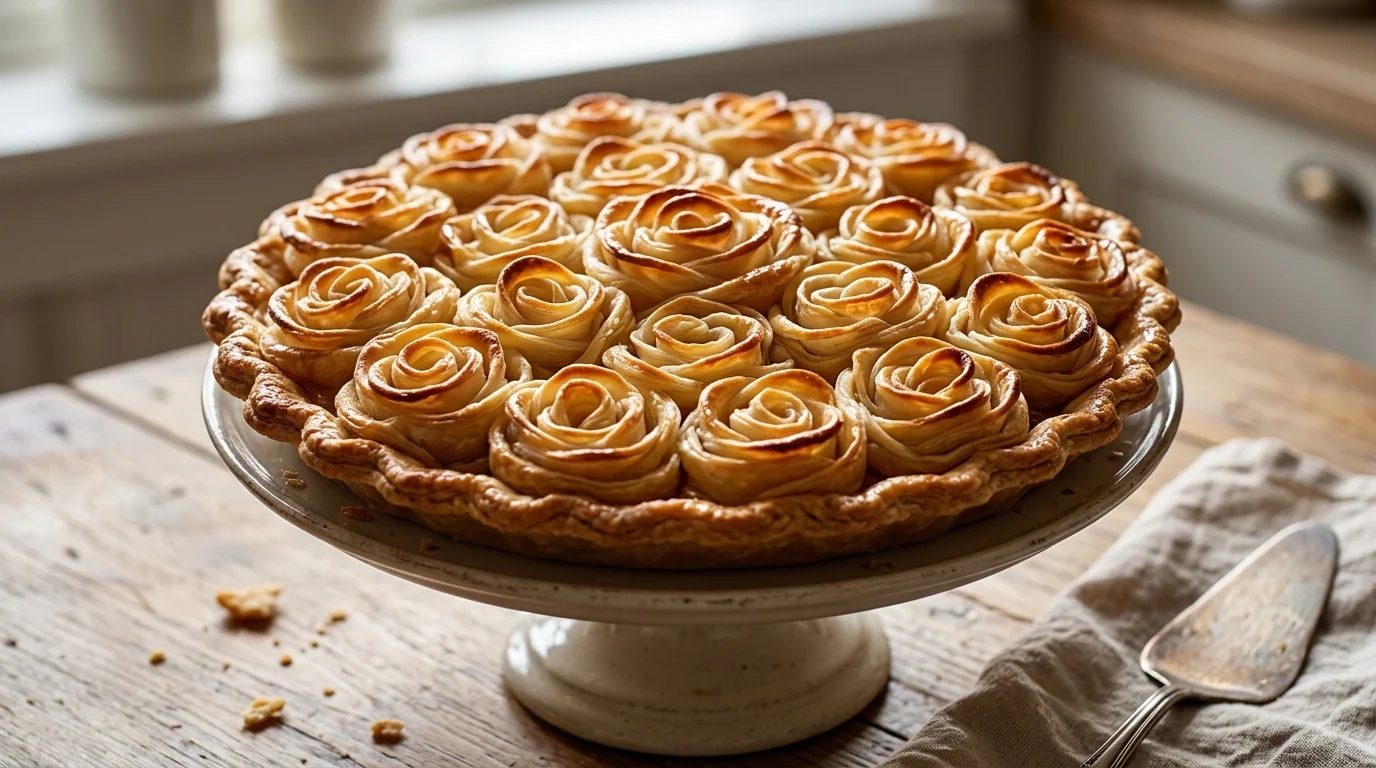 Pie topped with pastry rose petals