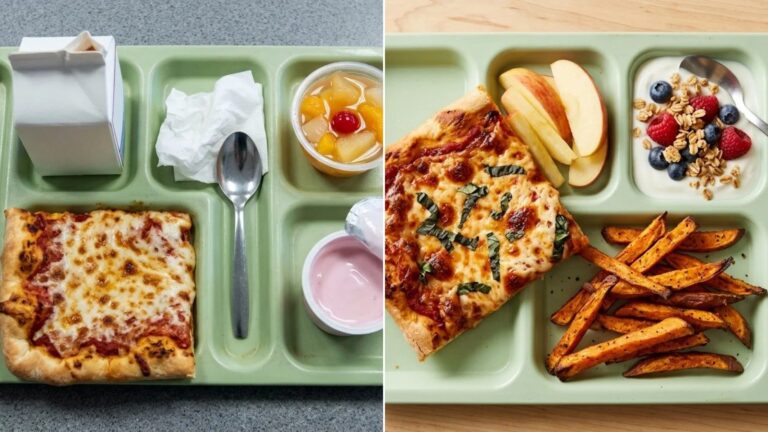 Side by side school lunch trays, cafeteria frozen pizza and flavored yogurt next to a scratch cooked tray