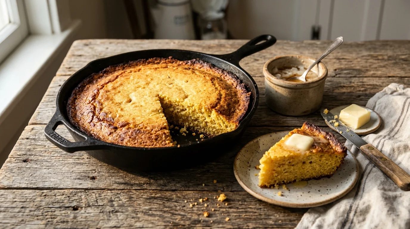 Skillet cornbread made with saved bacon grease