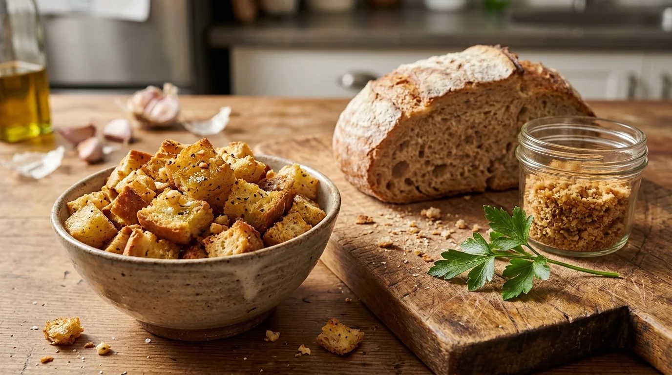 Homemade croutons and breadcrumbs from stale bread scraps