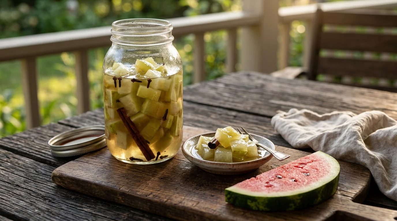 Jar of sweet pickled watermelon rind, an old kitchen scraps recipe