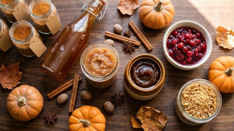 Homemade fall pantry staples in jars with pumpkins and cinnamon sticks