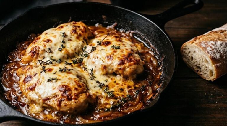 French onion chicken skillet with melted Gruyere and caramelized onions