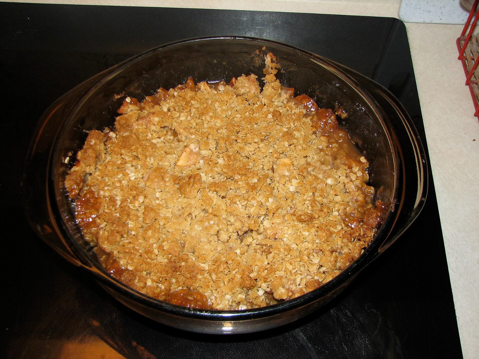 Lunch lady apple crisp baked in a glass dish