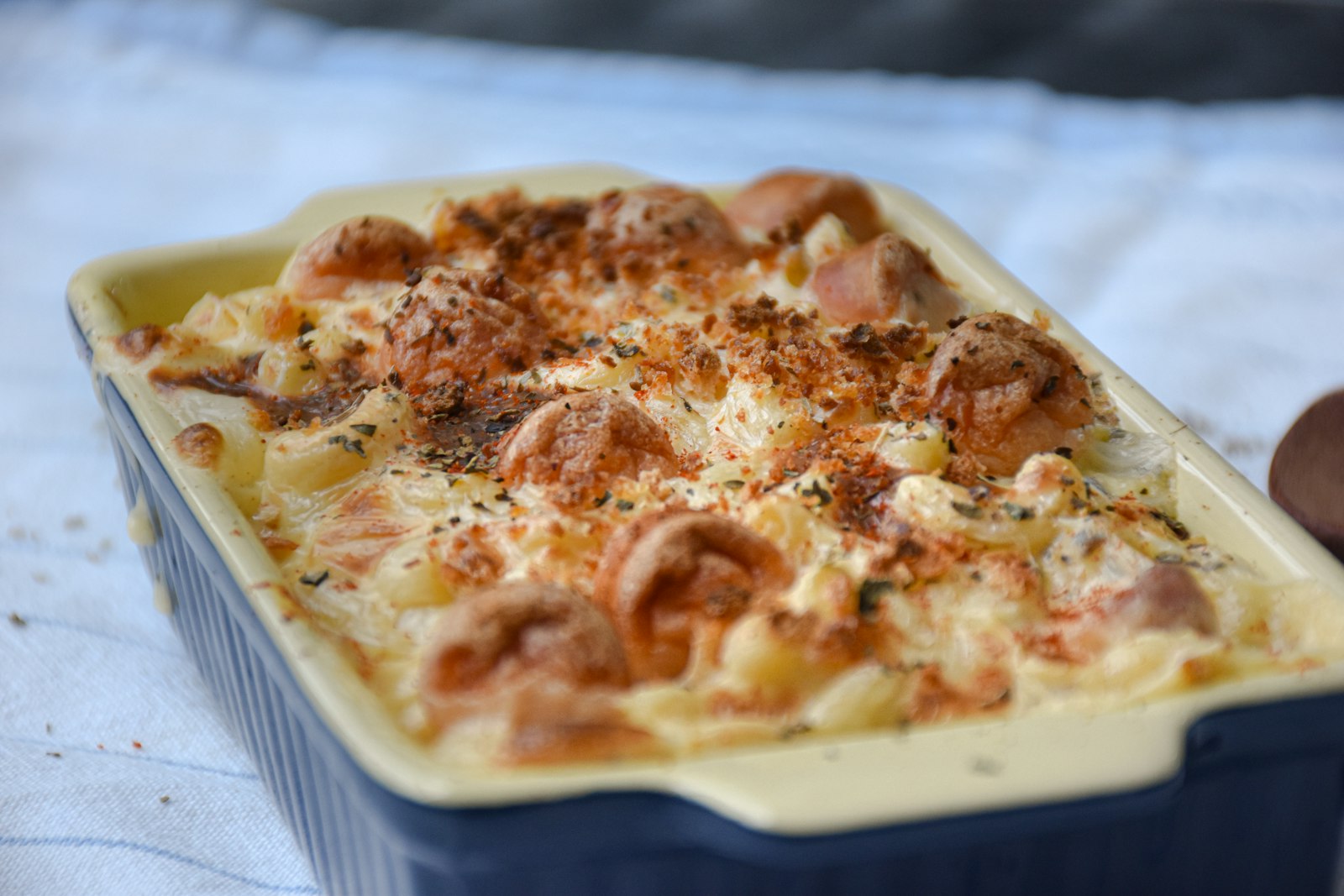 Lunch lady baked macaroni and cheese in a dish