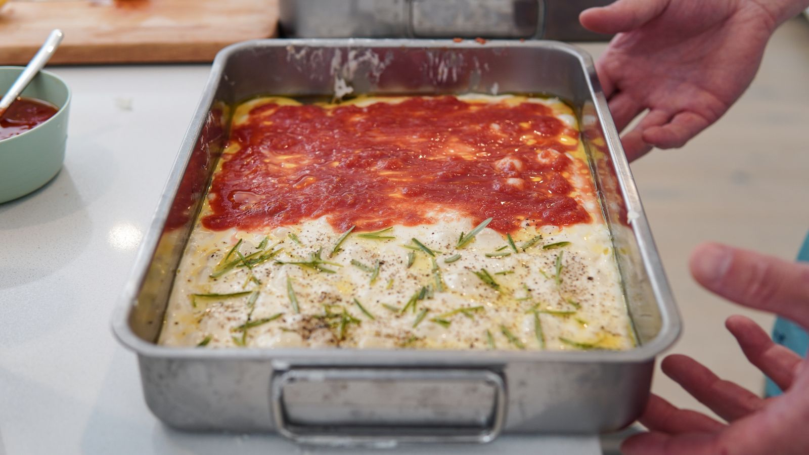Rectangle school lunch pizza baked in a metal sheet pan
