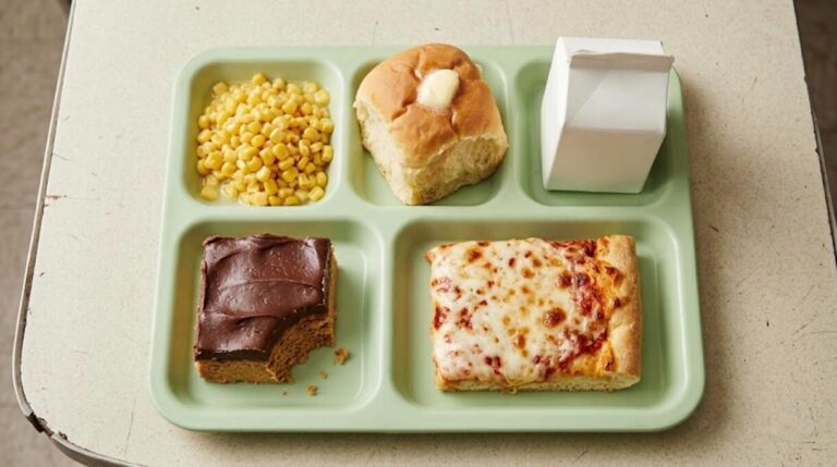 Lunch lady peanut butter bar, rectangle pizza, yeast roll and corn on a green school lunch tray