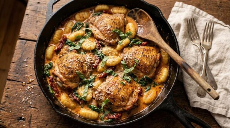 Marry me chicken and gnocchi in a sun dried tomato cream sauce in a cast iron skillet