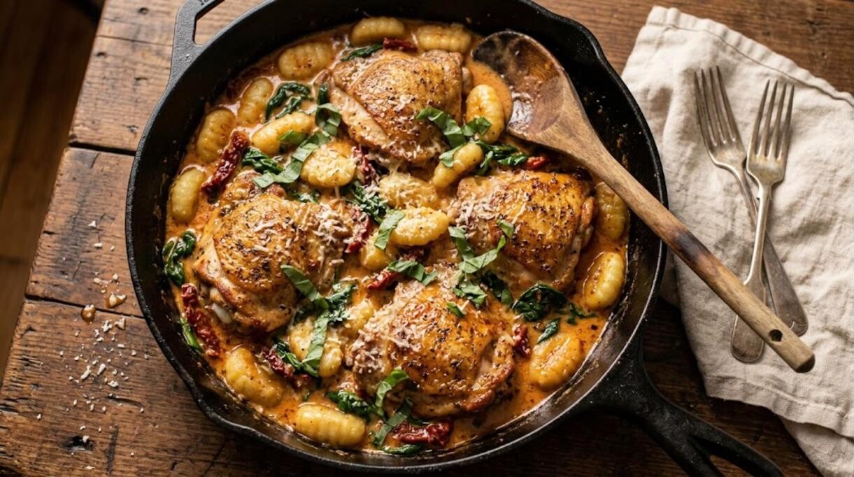 Marry me chicken and gnocchi in a sun dried tomato cream sauce in a cast iron skillet