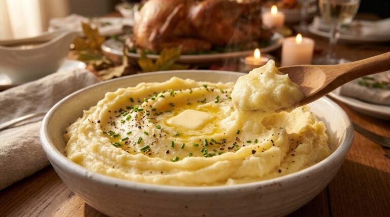 Creamy mashed potatoes with melting butter and chives on a Thanksgiving table