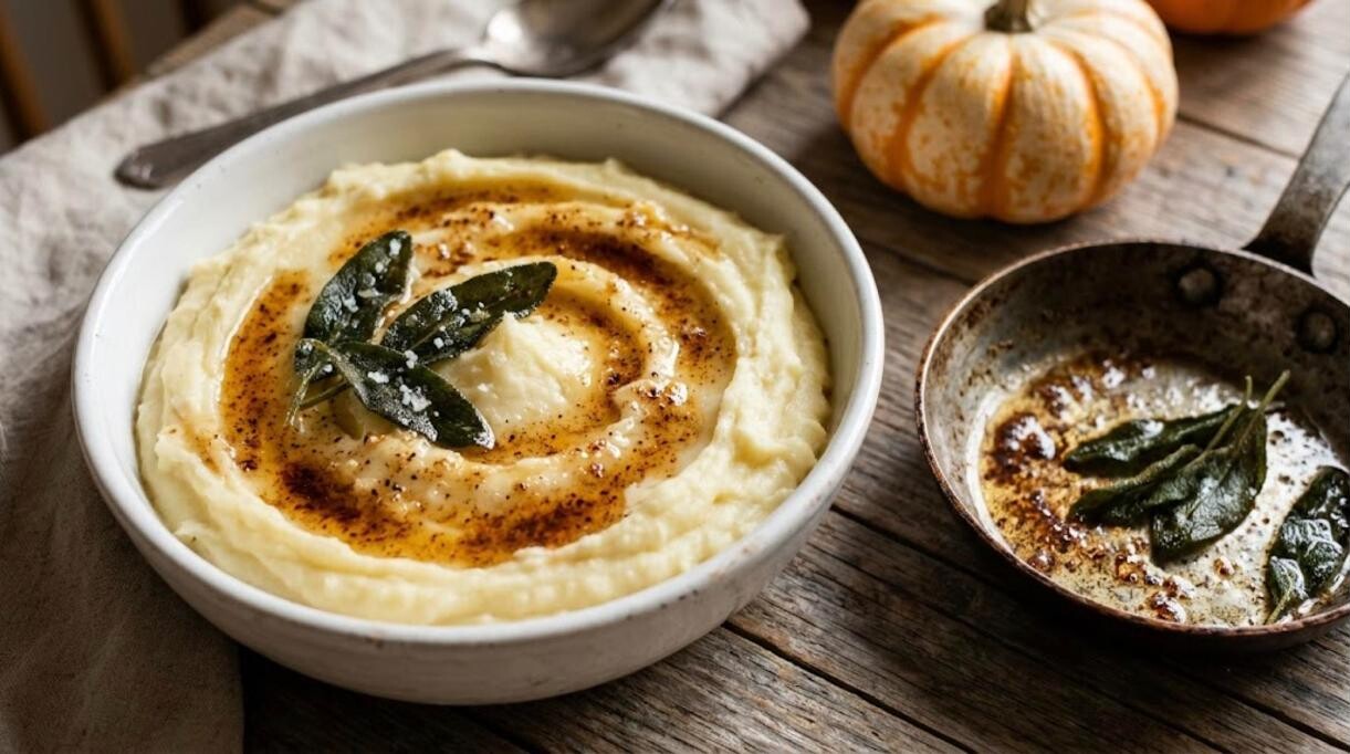 Brown butter and sage mashed potatoes in a bowl