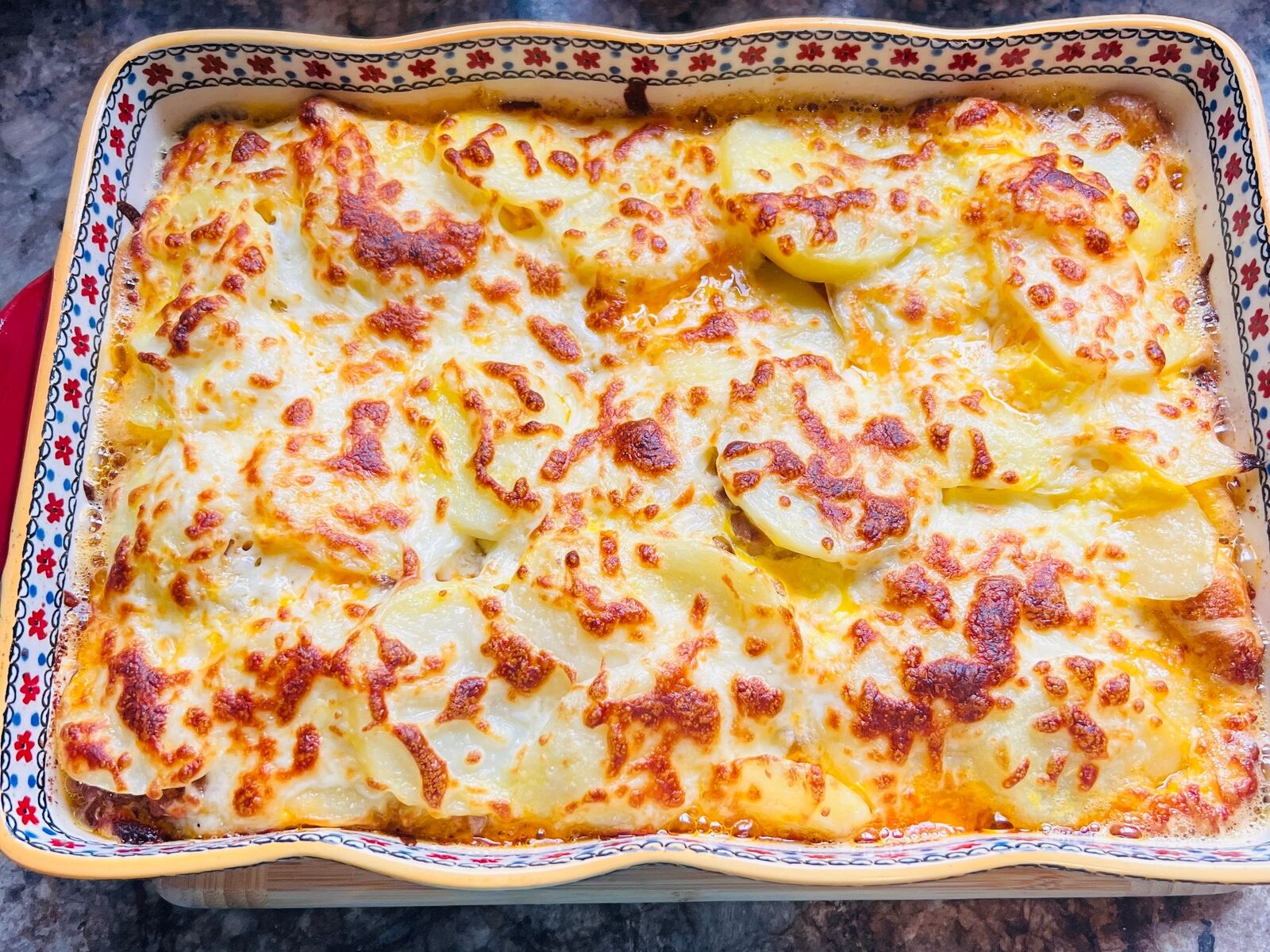 Mashed potato casserole with a golden cheesy top