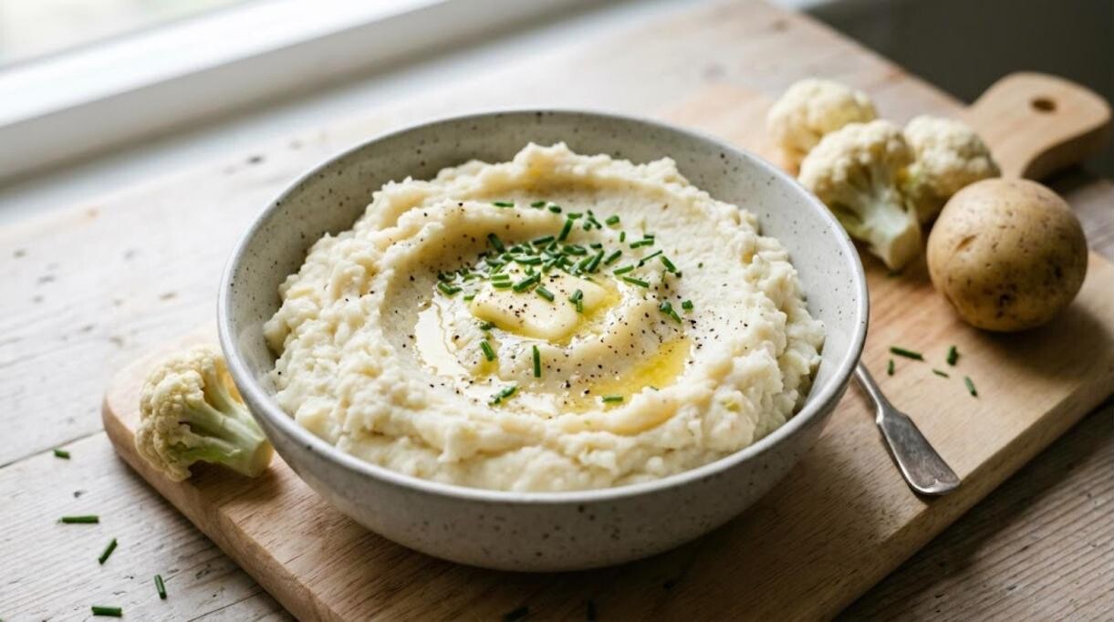Bowl of cauliflower and potato mash with chives