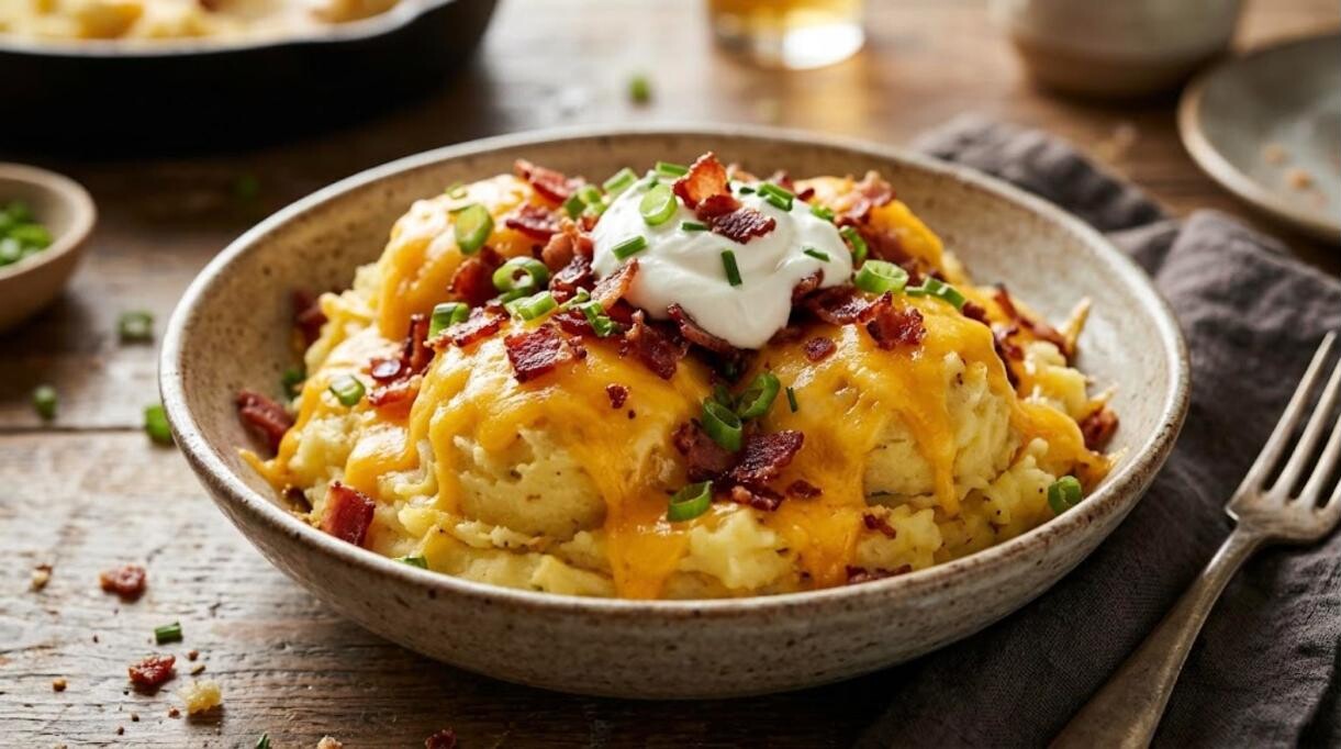 Loaded mashed potatoes with cheddar, bacon and green onions