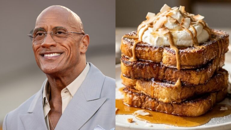 Dwayne Johnson next to a stack of Rock Toast style French toast