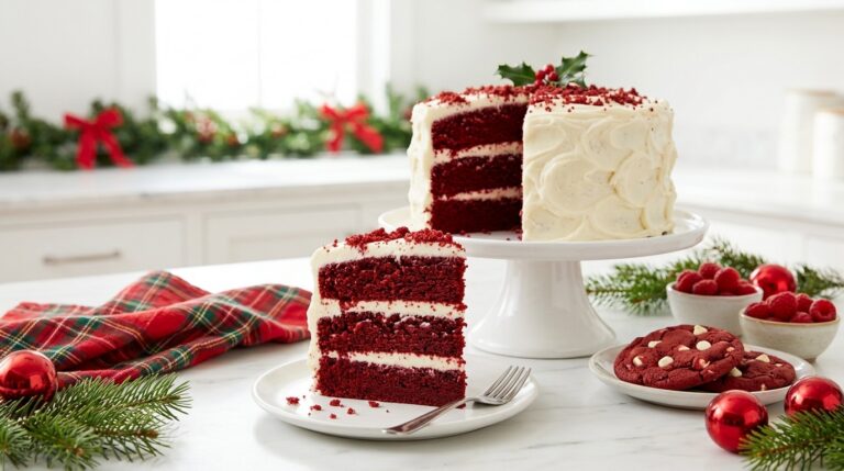 Red velvet layer cake with cream cheese frosting and a cut slice for Christmas