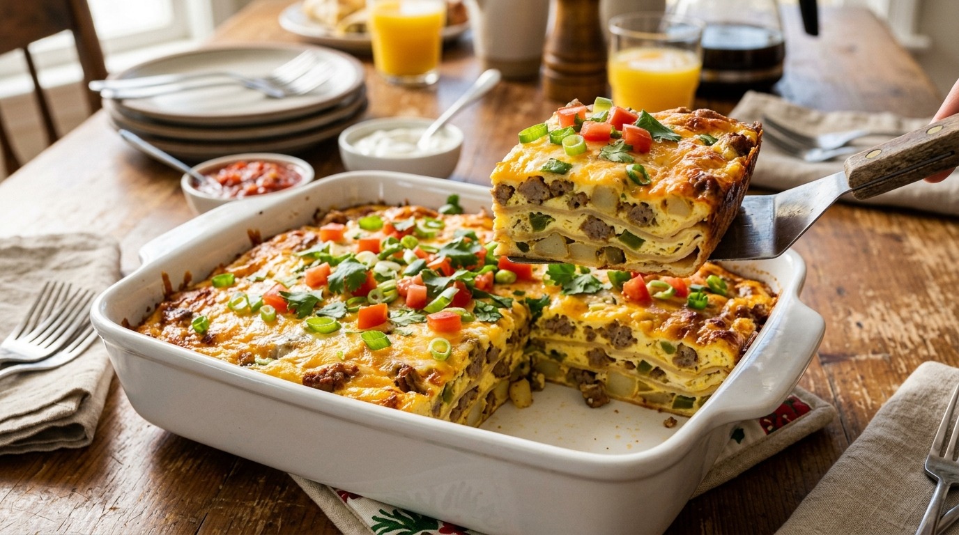 Layered tortilla and egg casserole slice lifted from the dish