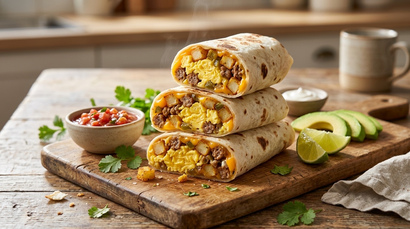 Breakfast burritos stacked on a wooden board with sausage, egg, potato and cheese