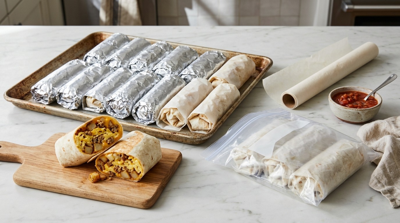 Make-ahead breakfast burritos wrapped in foil on a sheet pan