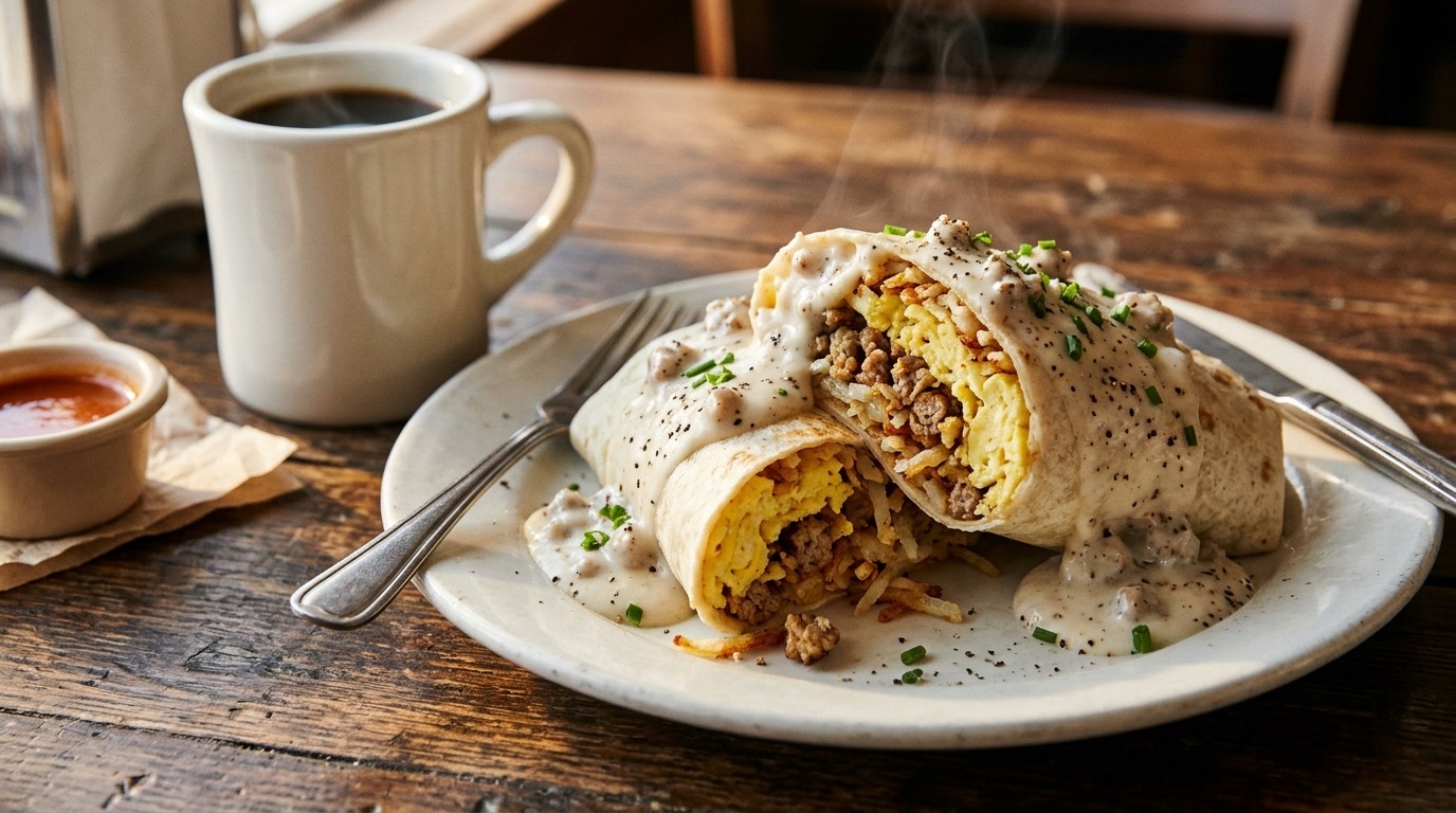 Flour tortilla roll topped with creamy sausage gravy