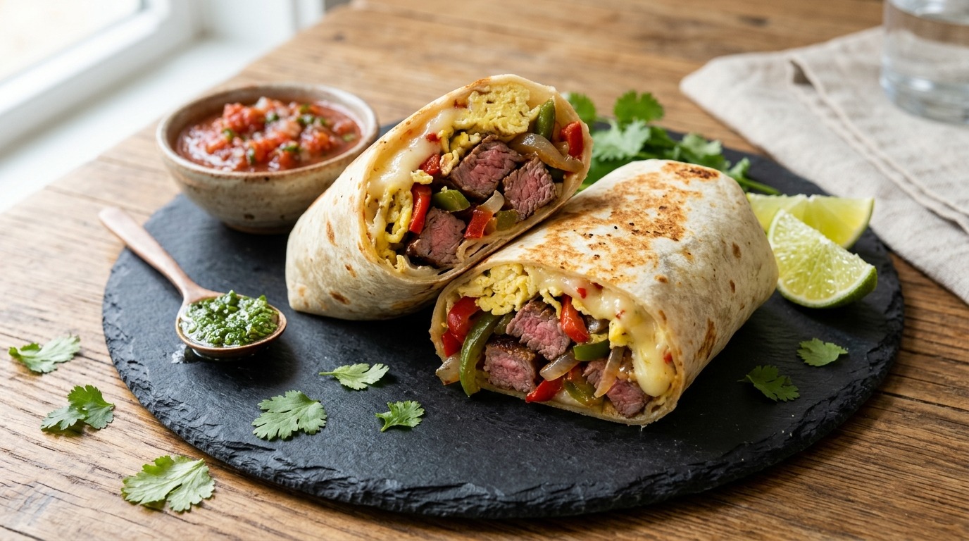 Steak and egg breakfast burritos cut in half with lime and cilantro
