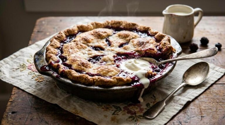 Forgotten Southern desserts: a bubbling berry sonker with a golden crust on a farmhouse table