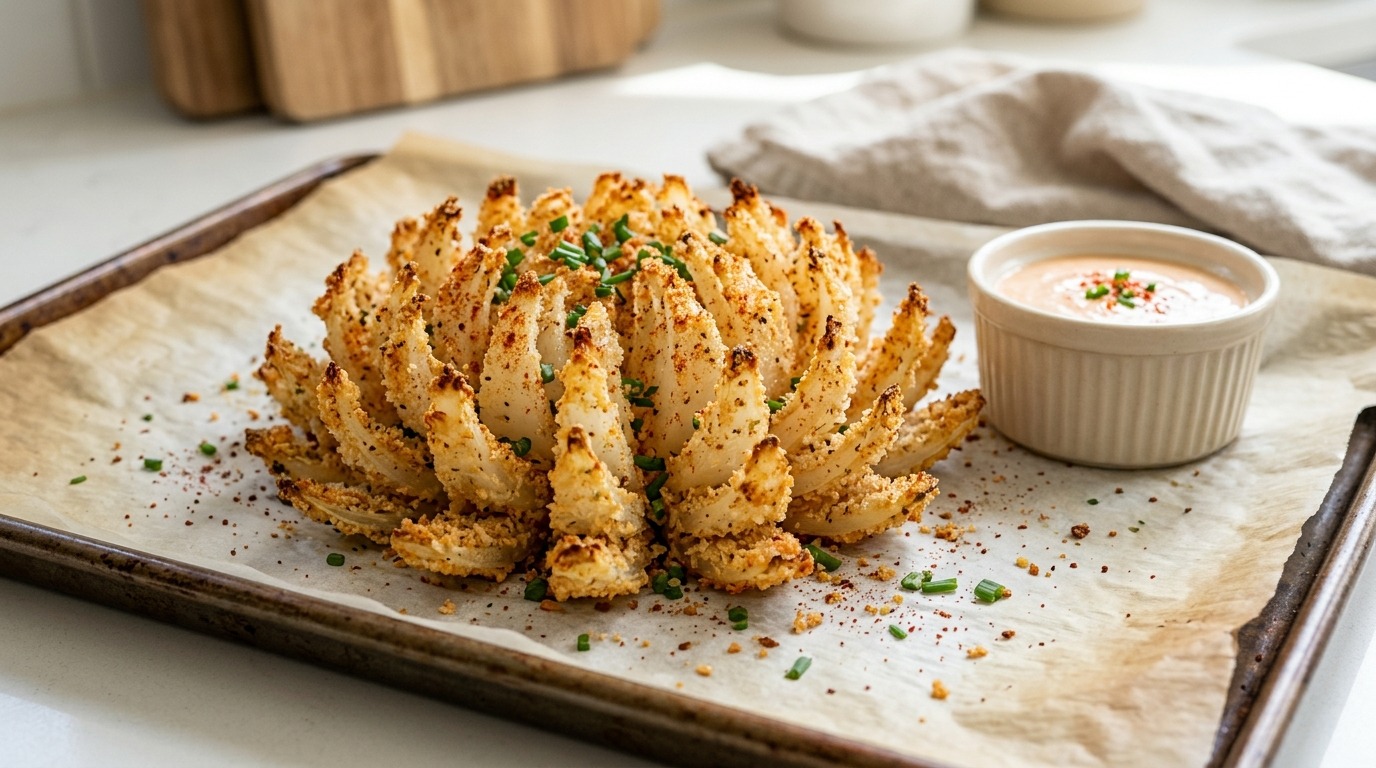 Oven-baked blooming onion with crispy panko petals on parchment beside a bowl of dip